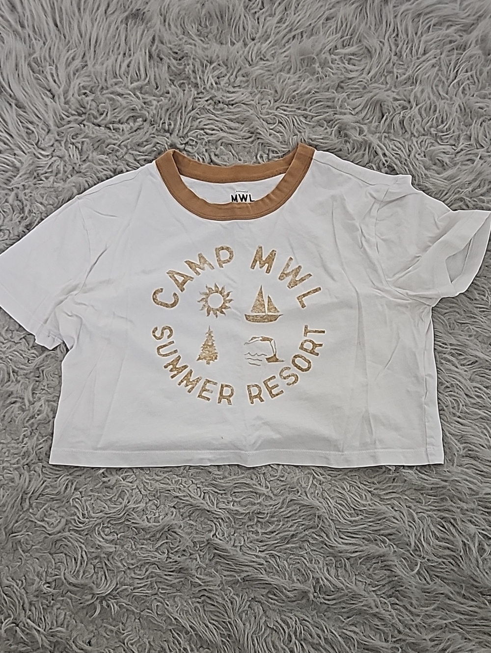 Madewell White Crop Tee with Tan Ringer and Gold Graphic